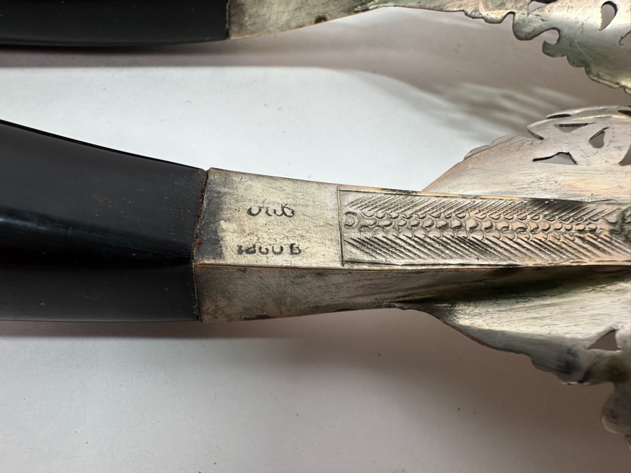 Vintage Malaysian Mohd Salleh & Sons 1260B .800 Silver Serving Spoon and Fork with Horn Handles 220g 10'L (80% Silver) [Photo 6]