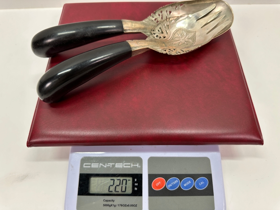 Vintage Malaysian Mohd Salleh & Sons 1260B .800 Silver Serving Spoon and Fork with Horn Handles 220g 10'L (80% Silver) [Photo 8]