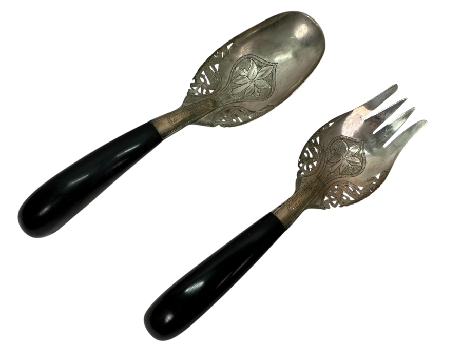 Vintage Malaysian Mohd Salleh & Sons 1260B .800 Silver Serving Spoon and Fork with Horn Handles 220g 10'L (80% Silver)