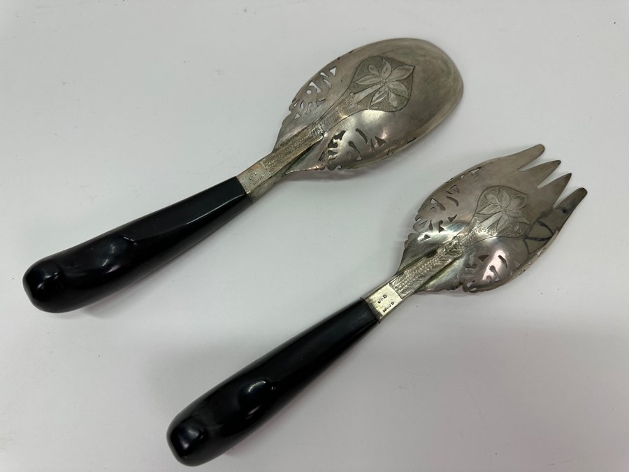Vintage Malaysian Mohd Salleh & Sons 1260B .800 Silver Serving Spoon and Fork with Horn Handles 220g 10'L (80% Silver) [Photo 4]