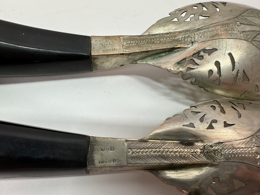 Vintage Malaysian Mohd Salleh & Sons 1260B .800 Silver Serving Spoon and Fork with Horn Handles 220g 10'L (80% Silver) [Photo 5]