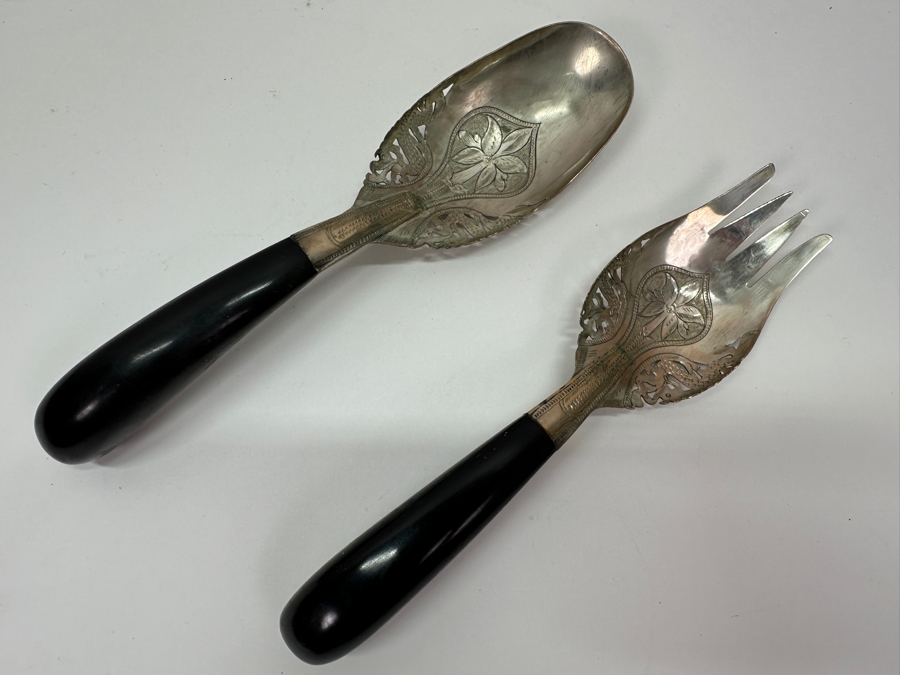 Vintage Malaysian Mohd Salleh & Sons 1260B .800 Silver Serving Spoon and Fork with Horn Handles 220g 10'L (80% Silver) [Photo 2]