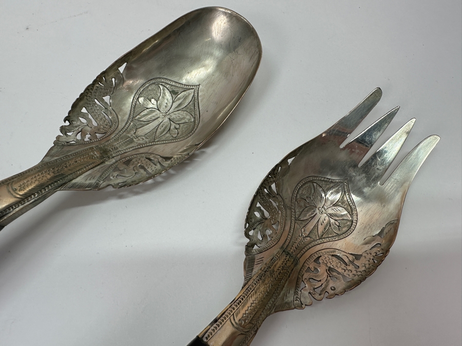 Vintage Malaysian Mohd Salleh & Sons 1260B .800 Silver Serving Spoon and Fork with Horn Handles 220g 10'L (80% Silver) [Photo 3]