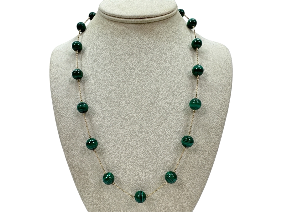 14k Gold 22' Chain Necklace With Malachite Beads 39.1g [Photo 1]