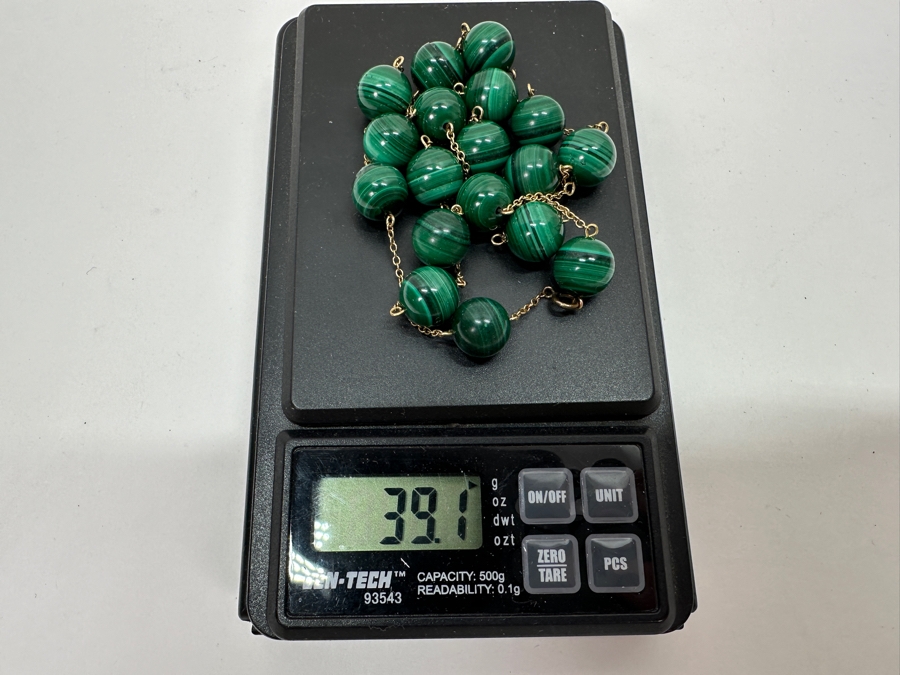 14k Gold 22' Chain Necklace With Malachite Beads 39.1g [Photo 7]