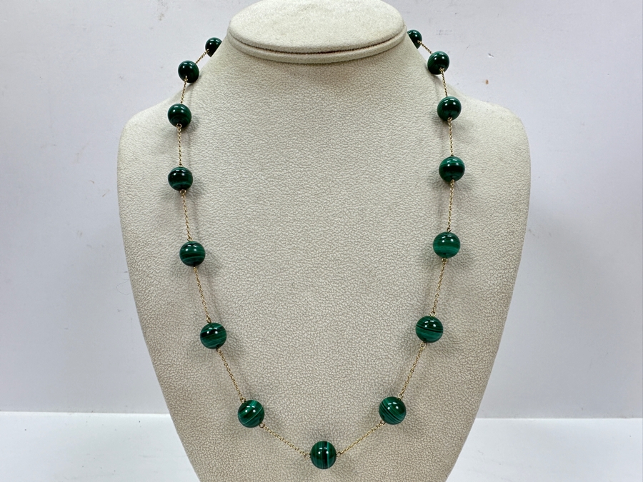 14k Gold 22' Chain Necklace With Malachite Beads 39.1g [Photo 2]