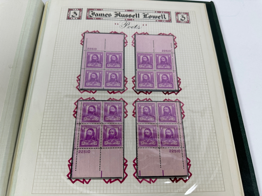 Just Added - Vintage 1940 Rare Collection Of US Mint 10 Cent Postage Stamps Of Famous Americans Series: 30 Sets Each With Four Blocks Of Four 10-Cent Stamps: 480 Total Mint Stamps - See Photos - Estimate $1,900 [Photo 31]