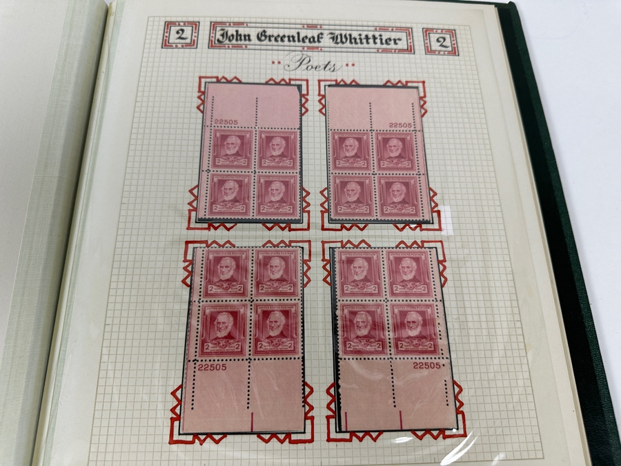 Just Added - Vintage 1940 Rare Collection Of US Mint 10 Cent Postage Stamps Of Famous Americans Series: 30 Sets Each With Four Blocks Of Four 10-Cent Stamps: 480 Total Mint Stamps - See Photos - Estimate $1,900 [Photo 30]