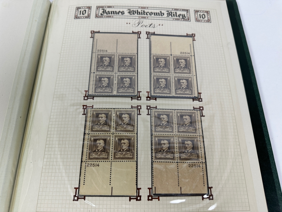 Just Added - Vintage 1940 Rare Collection Of US Mint 10 Cent Postage Stamps Of Famous Americans Series: 30 Sets Each With Four Blocks Of Four 10-Cent Stamps: 480 Total Mint Stamps - See Photos - Estimate $1,900 [Photo 33]