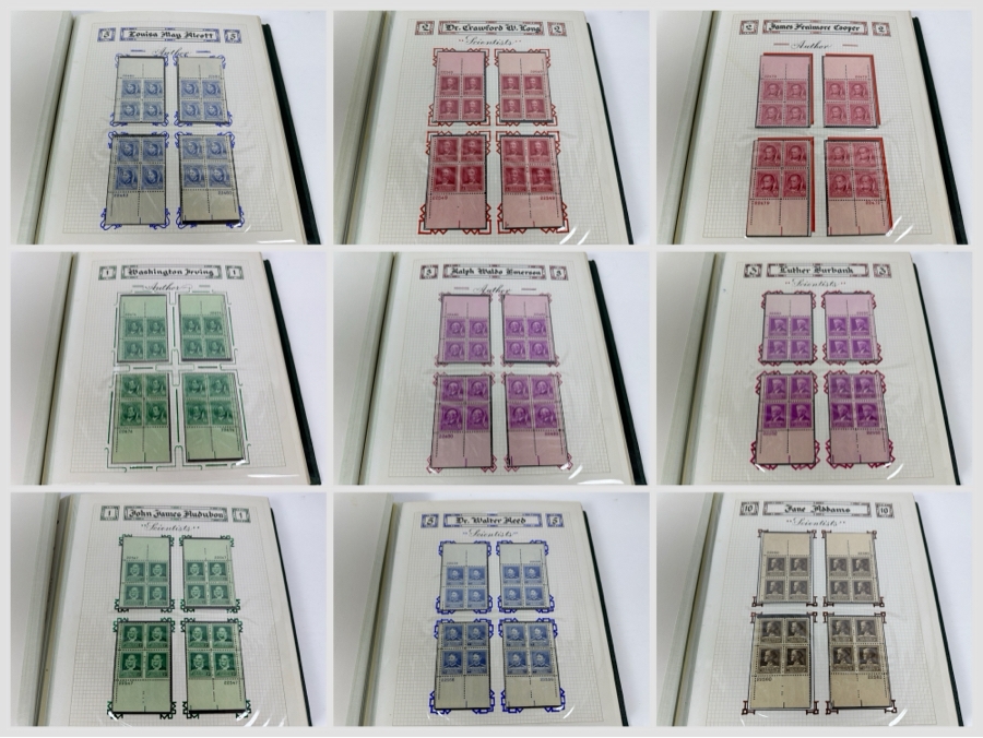 Just Added - Vintage 1940 Rare Collection Of US Mint 10 Cent Postage Stamps Of Famous Americans Series: 30 Sets Each With Four Blocks Of Four 10-Cent Stamps: 480 Total Mint Stamps - See Photos - Estimate $1,900