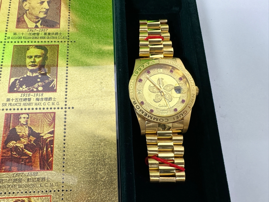 The Singapore Mint Gold Foil Uncut Art Stamps Photo Collection Of Historical Hong Kong Governors Limited To 20,000 Sets With Hong Kong Gold Leaf Plated Watch [Photo 7]