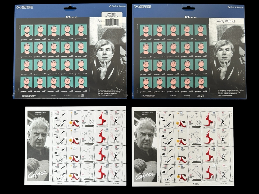 United States Mint Postage Stamp Sheets: (2) Andy Warhol Stamp Sheets And (2) Alexander Calder Stamp Sheets [Photo 1]