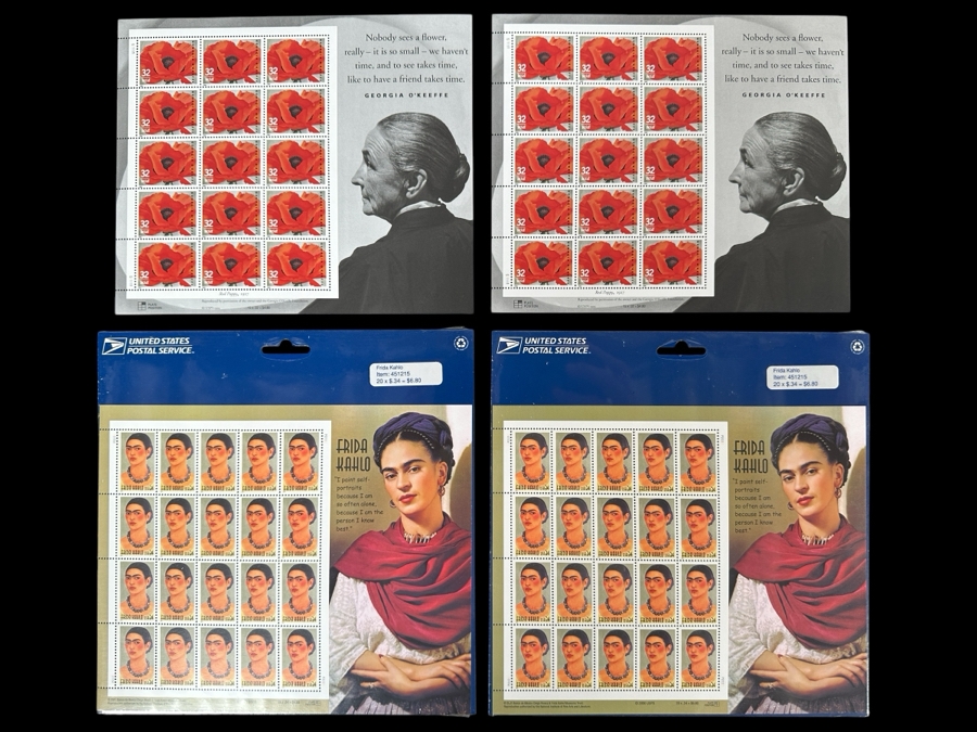 United States Mint Postage Stamp Sheets: (2) Georgia O'Keefe Stamp Sheets And (2) Frida Kahlo Stamp Sheets [Photo 1]