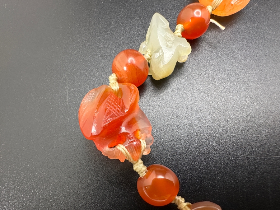 Just Added - Vintage Chinese Carved Carnelian Jade Beaded 32' Necklace [Photo 5]