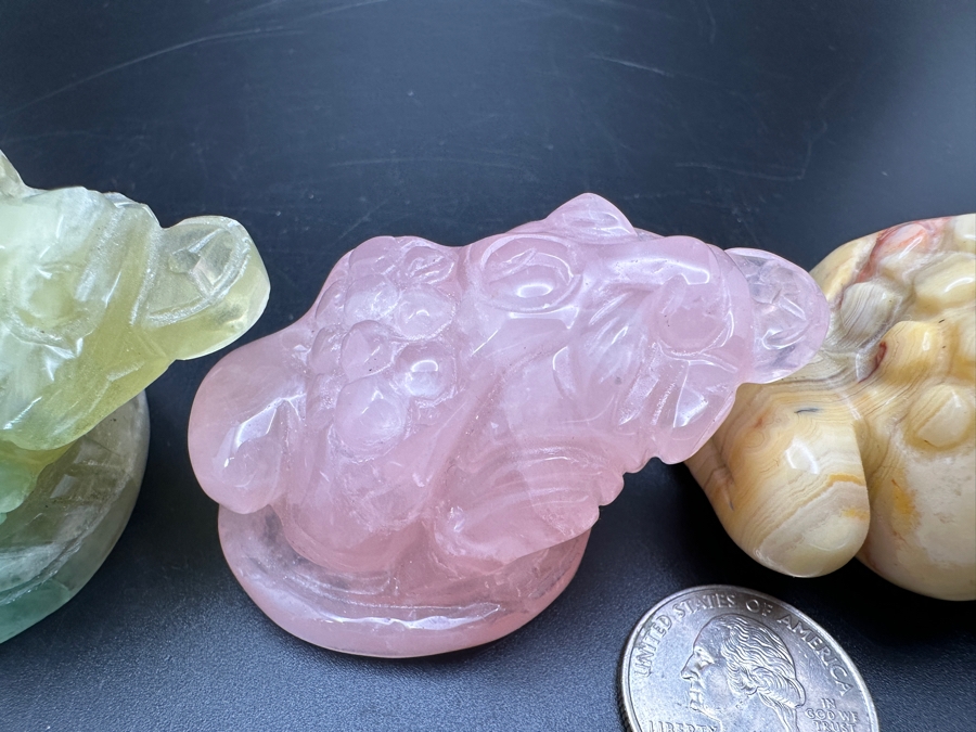 (3) Carved Chinese Feng Shui Golden Toad Wealth Figurines Of Various Stones 364g [Photo 7]