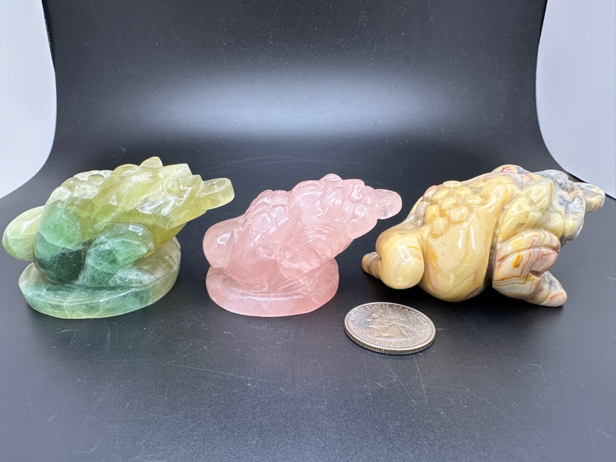 (3) Carved Chinese Feng Shui Golden Toad Wealth Figurines Of Various Stones 364g [Photo 2]