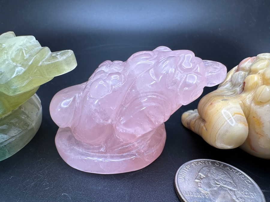 (3) Carved Chinese Feng Shui Golden Toad Wealth Figurines Of Various Stones 364g [Photo 6]