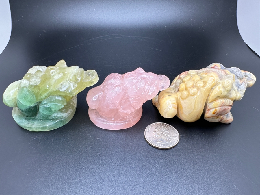 (3) Carved Chinese Feng Shui Golden Toad Wealth Figurines Of Various Stones 364g [Photo 3]