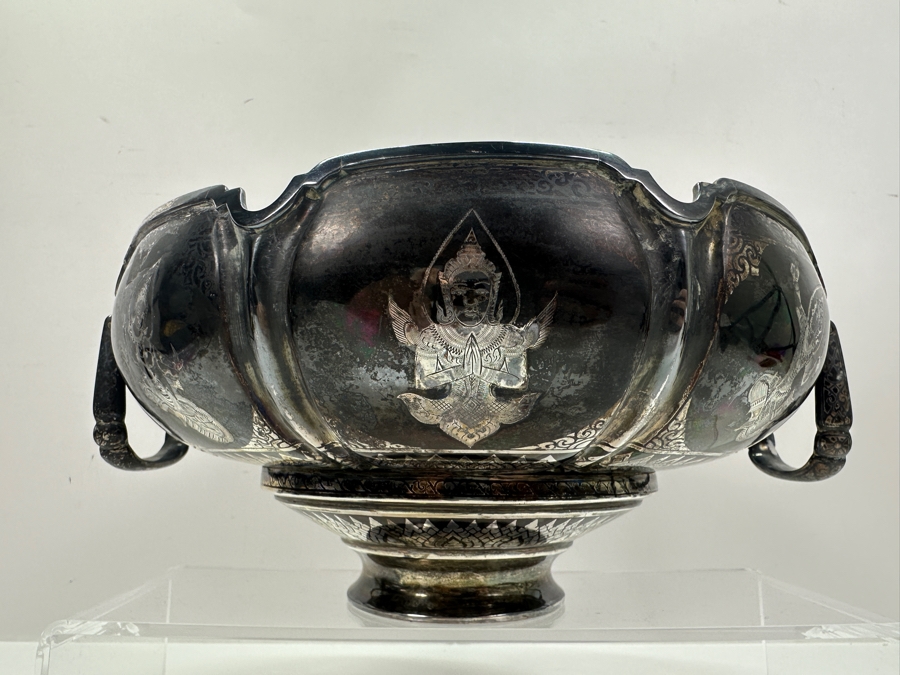 Large Sterling Silver Hallmarked SIAM Thailand Thainakon Footed Bowl With Handles 1,050g (92.5% Silver - Silver Melt Value $1,026) [Photo 5]