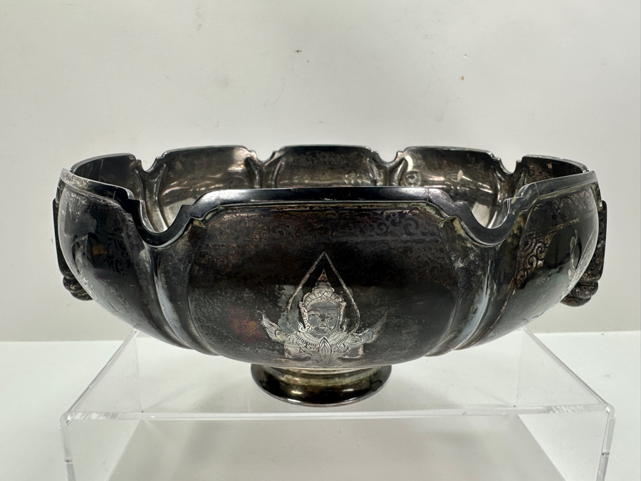 Large Sterling Silver Hallmarked SIAM Thailand Thainakon Footed Bowl With Handles 1,050g (92.5% Silver - Silver Melt Value $1,026) [Photo 3]
