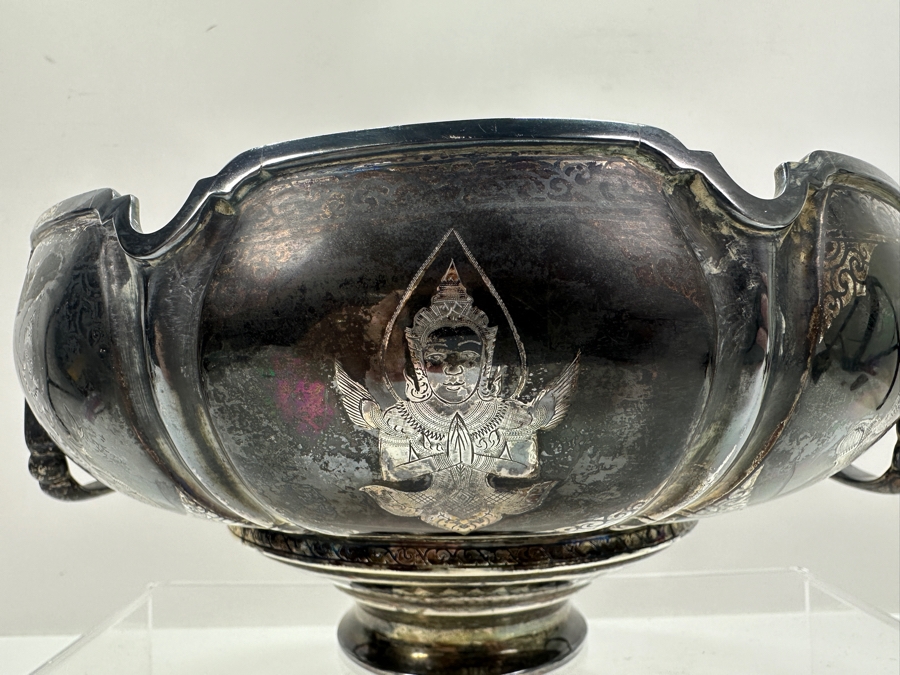 Large Sterling Silver Hallmarked SIAM Thailand Thainakon Footed Bowl With Handles 1,050g (92.5% Silver - Silver Melt Value $1,026) [Photo 6]