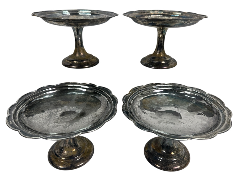 Set Of Four Vintage Chinese .800 Silver Footed Hallmarked Dishes With Floral / Bird Repousse Work 6.5W X 4H 707g [Photo 1]