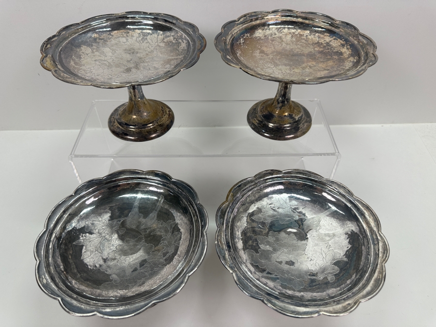 Set Of Four Vintage Chinese .800 Silver Footed Hallmarked Chased Dishes With Floral / Bird Motif 6.5W X 4H 707g (80% Silver - Silver Melt Value $597) [Photo 6]