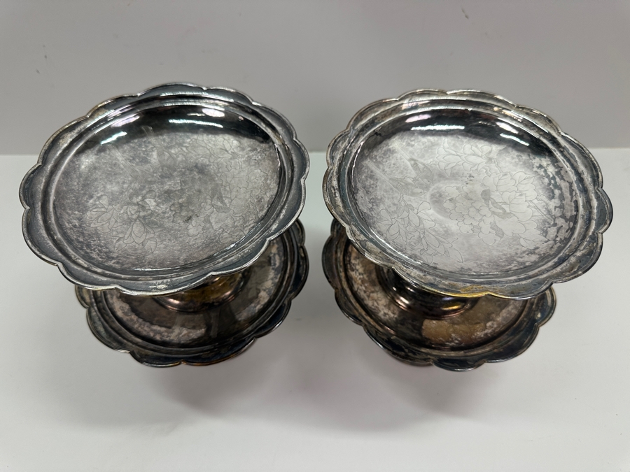 Set Of Four Vintage Chinese .800 Silver Footed Hallmarked Chased Dishes With Floral / Bird Motif 6.5W X 4H 707g (80% Silver - Silver Melt Value $597) [Photo 16]