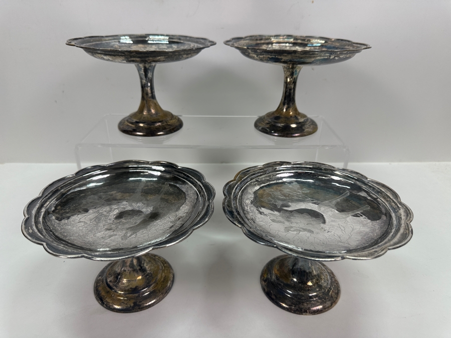 Set Of Four Vintage Chinese .800 Silver Footed Hallmarked Chased Dishes With Floral / Bird Motif 6.5W X 4H 707g (80% Silver - Silver Melt Value $597) [Photo 4]