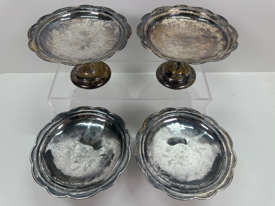 Set Of Four Vintage Chinese .800 Silver Footed Hallmarked Chased Dishes With Floral / Bird Motif 6.5W X 4H 707g (80% Silver - Silver Melt Value $597)