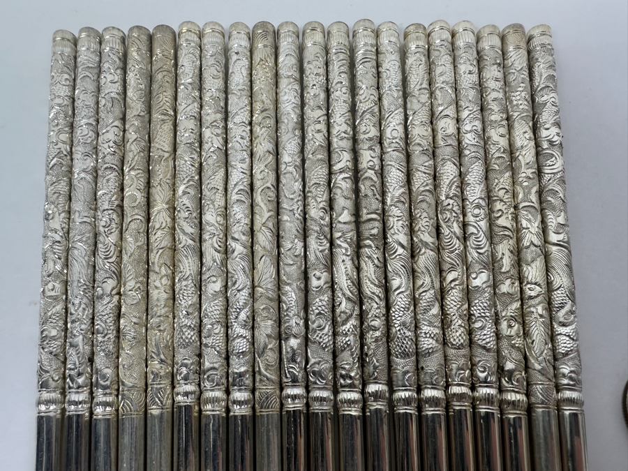 (20) Vintage .800 Silver Dragon Motif Chopsticks 314g (80% Silver - Silver Melt Value $264) [Photo 6]