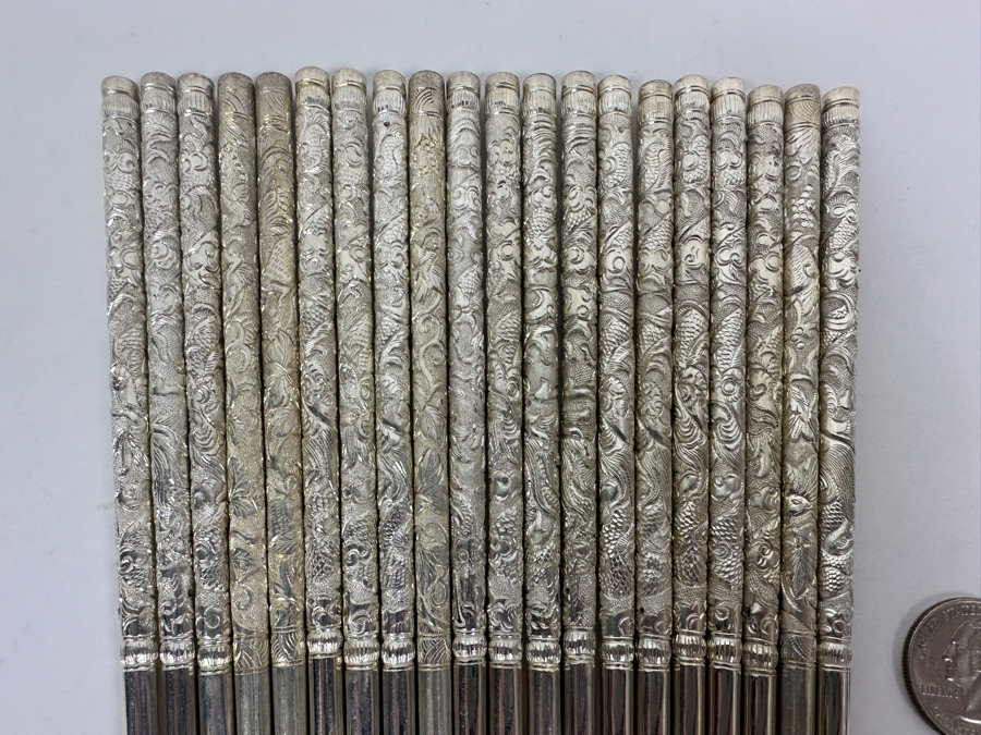 (20) Vintage .800 Silver Dragon Motif Chopsticks 314g (80% Silver - Silver Melt Value $264) [Photo 3]