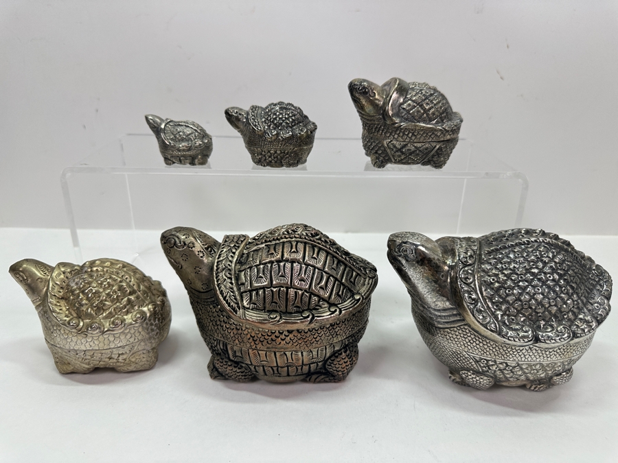 (6) Vintage .800-.900 Silver Cambodian Turtle Betel Boxes Khmer Craftmanship 624g (80%-90% Silver - Silver Melt Value Based On 80% $527) [Photo 9]