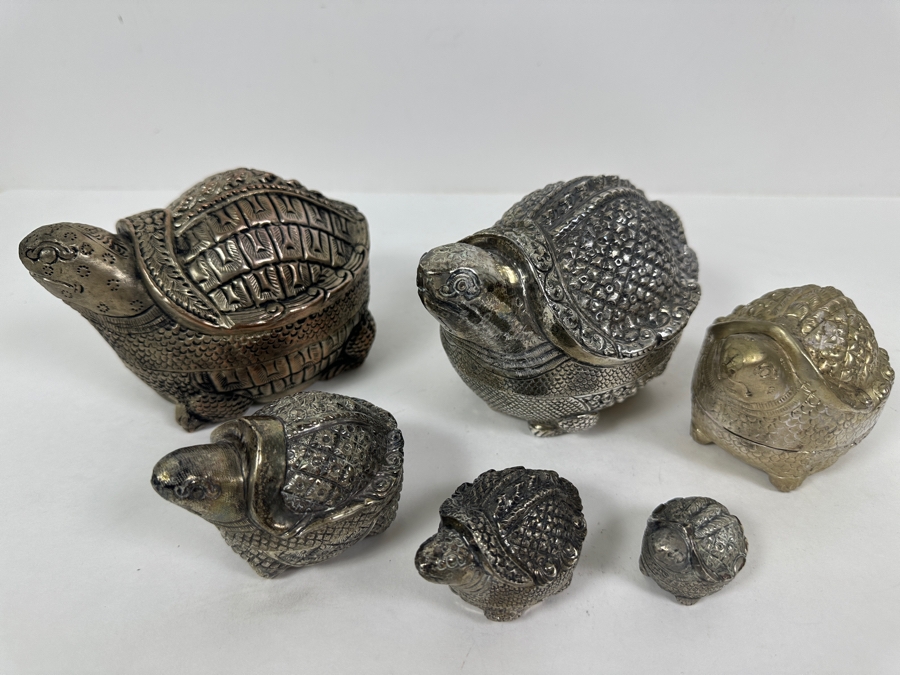 (6) Vintage .800-.900 Silver Cambodian Turtle Betel Boxes Khmer Craftmanship 624g (80%-90% Silver - Silver Melt Value Based On 80% $527) [Photo 5]