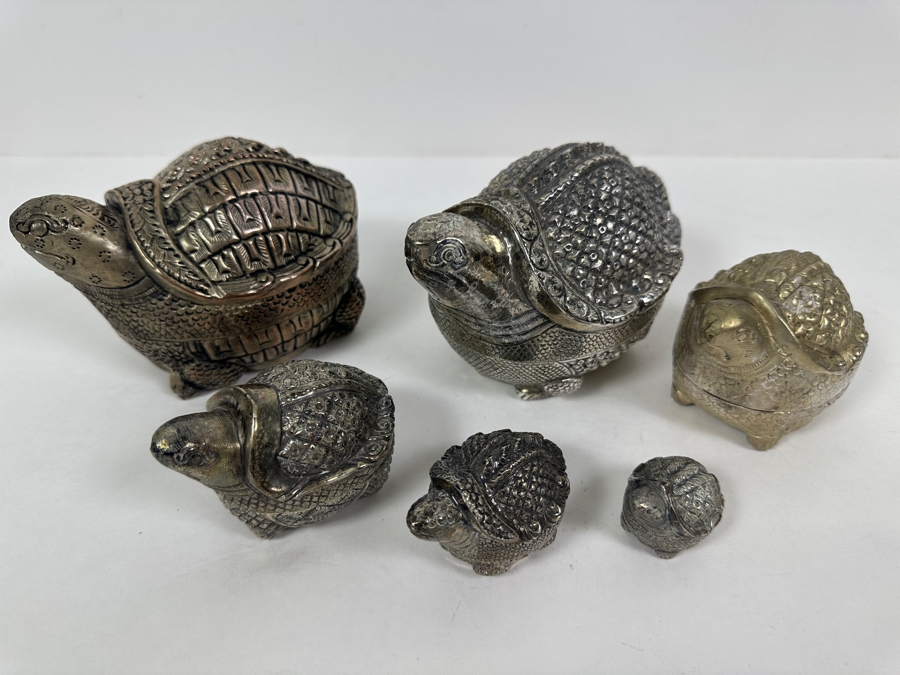 (6) Vintage .800-.900 Silver Cambodian Turtle Betel Boxes Khmer Craftmanship 624g (80%-90% Silver - Silver Melt Value Based On 80% $527) [Photo 4]