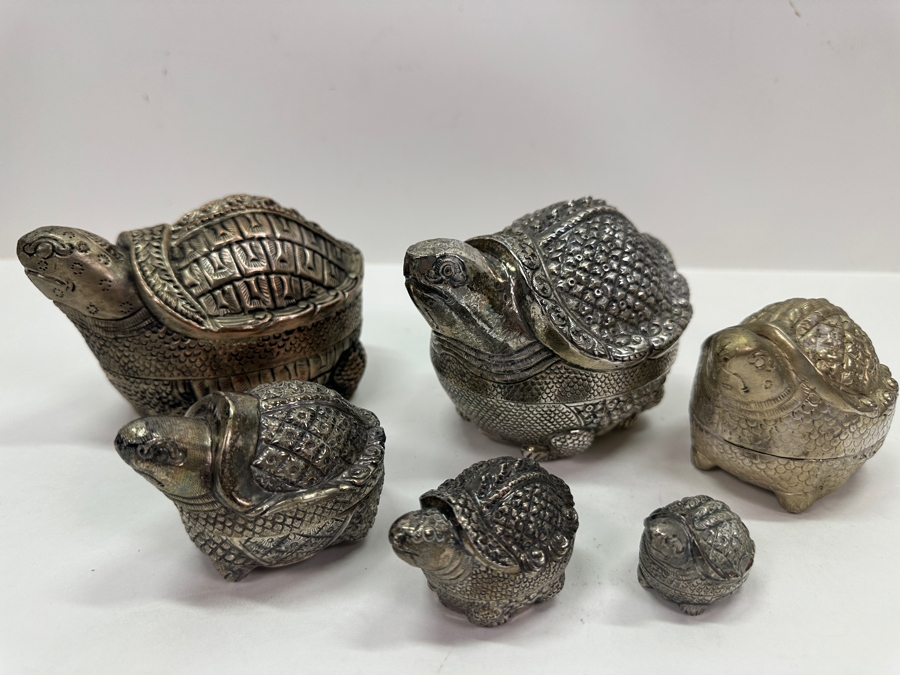 (6) Vintage .800-.900 Silver Cambodian Turtle Betel Boxes Khmer Craftmanship 624g (80%-90% Silver - Silver Melt Value Based On 80% $527) [Photo 6]