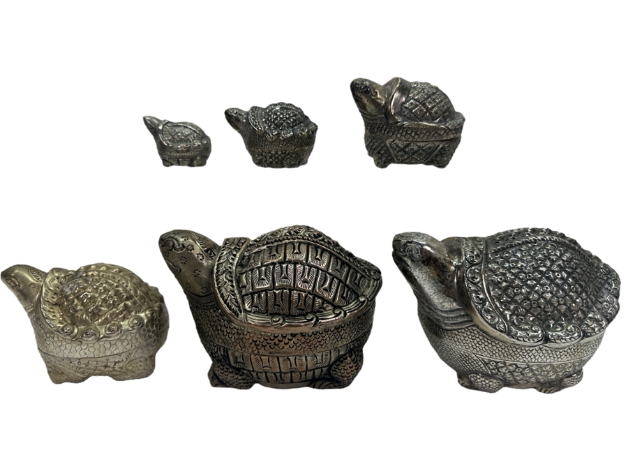 (6) Vintage .800-.900 Silver Cambodian Turtle Betel Boxes Khmer Craftmanship 624g (80%-90% Silver - Silver Melt Value Based On 80% $527)