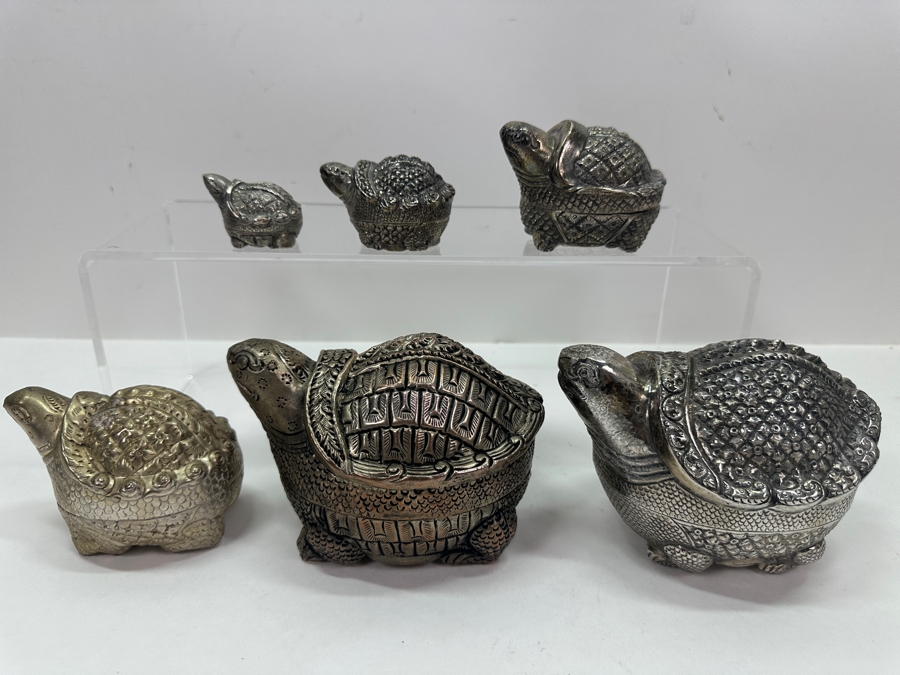 (6) Vintage .800-.900 Silver Cambodian Turtle Betel Boxes Khmer Craftmanship 624g (80%-90% Silver - Silver Melt Value Based On 80% $527) [Photo 8]