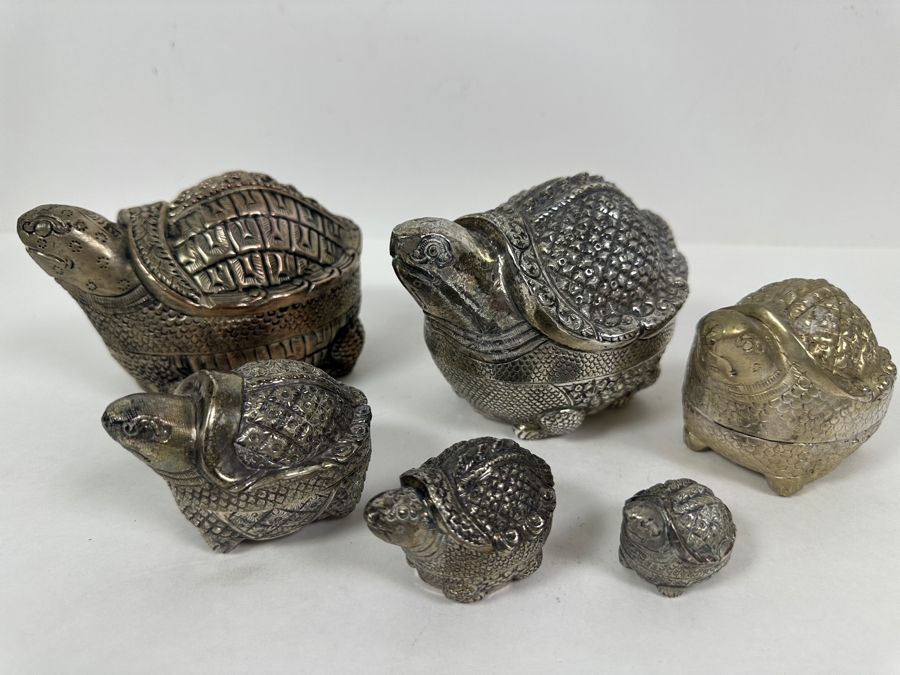 (6) Vintage .800-.900 Silver Cambodian Turtle Betel Boxes Khmer Craftmanship 624g (80%-90% Silver - Silver Melt Value Based On 80% $527) [Photo 3]