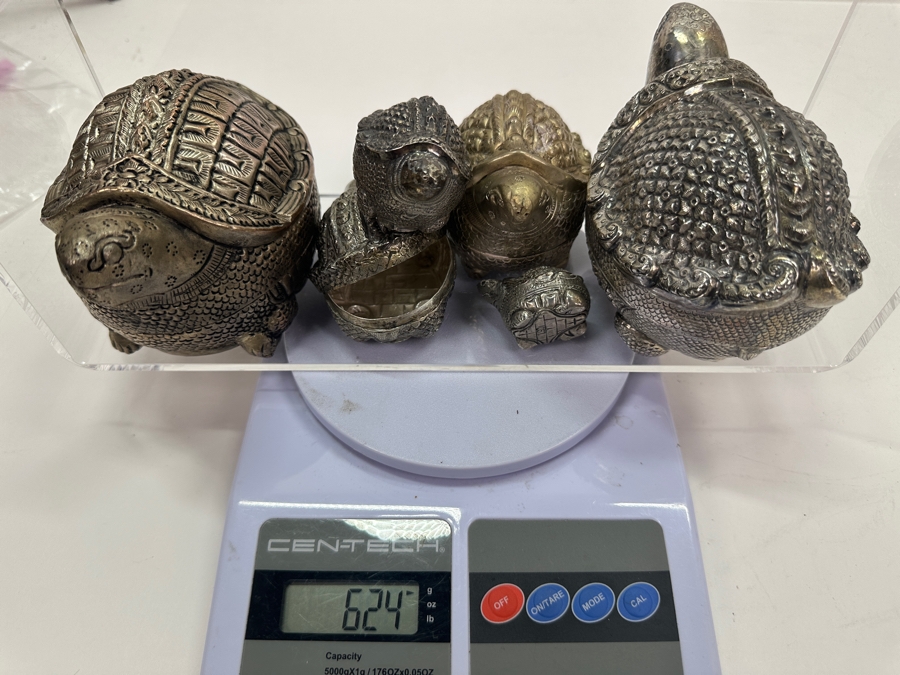 (6) Vintage .800-.900 Silver Cambodian Turtle Betel Boxes Khmer Craftmanship 624g (80%-90% Silver - Silver Melt Value Based On 80% $527) [Photo 22]