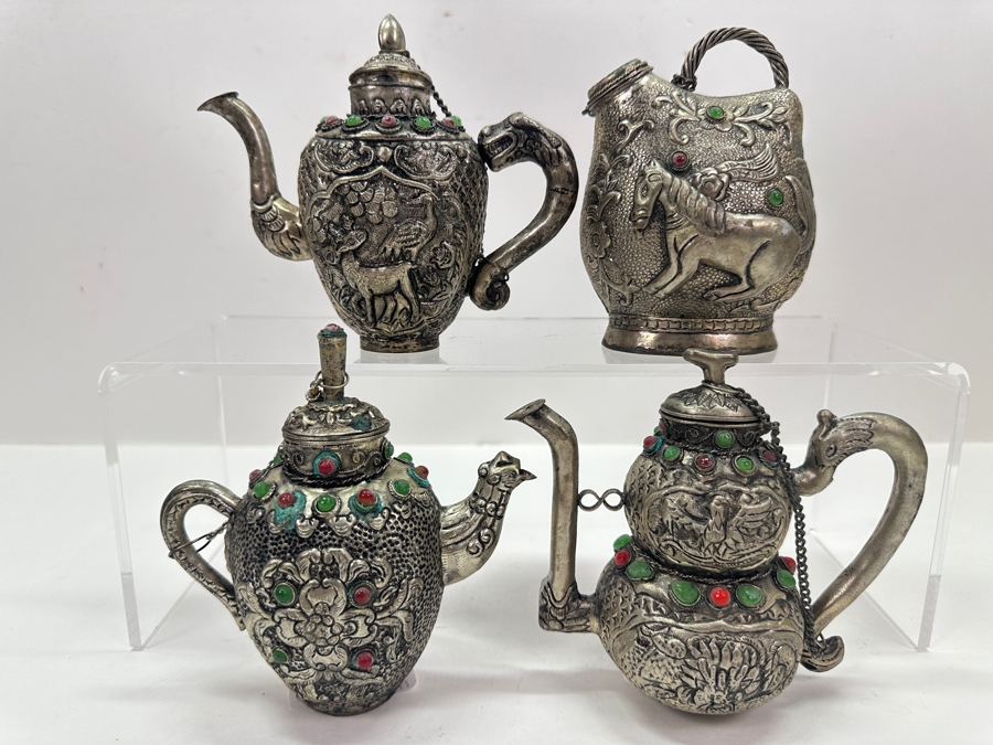 Stunning Collection Of Four Tibetan .800 Silver Teapots 465g (80% Silver - Silver Melt Value $393) [Photo 2]