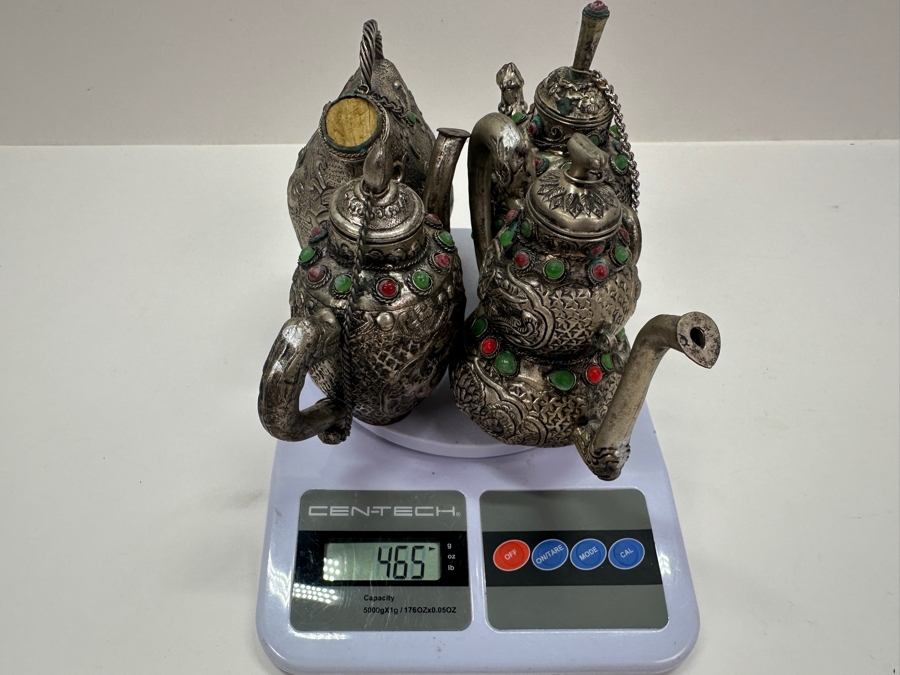 Stunning Collection Of Four Tibetan .800 Silver Teapots 465g (80% Silver - Silver Melt Value $393) [Photo 32]