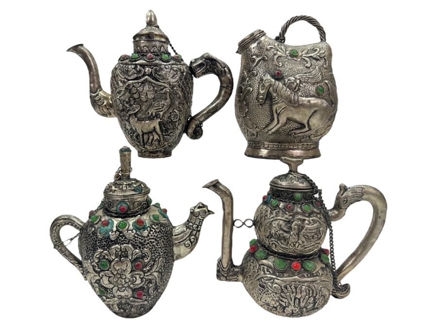 Stunning Collection Of Four Tibetan .800 Silver Teapots 465g (80% Silver - Silver Melt Value $393) [Photo 1]