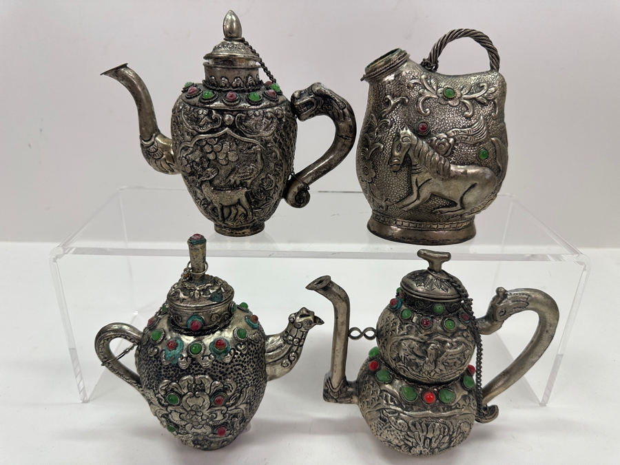 Stunning Collection Of Four Tibetan .800 Silver Teapots 465g (80% Silver - Silver Melt Value $393) [Photo 3]