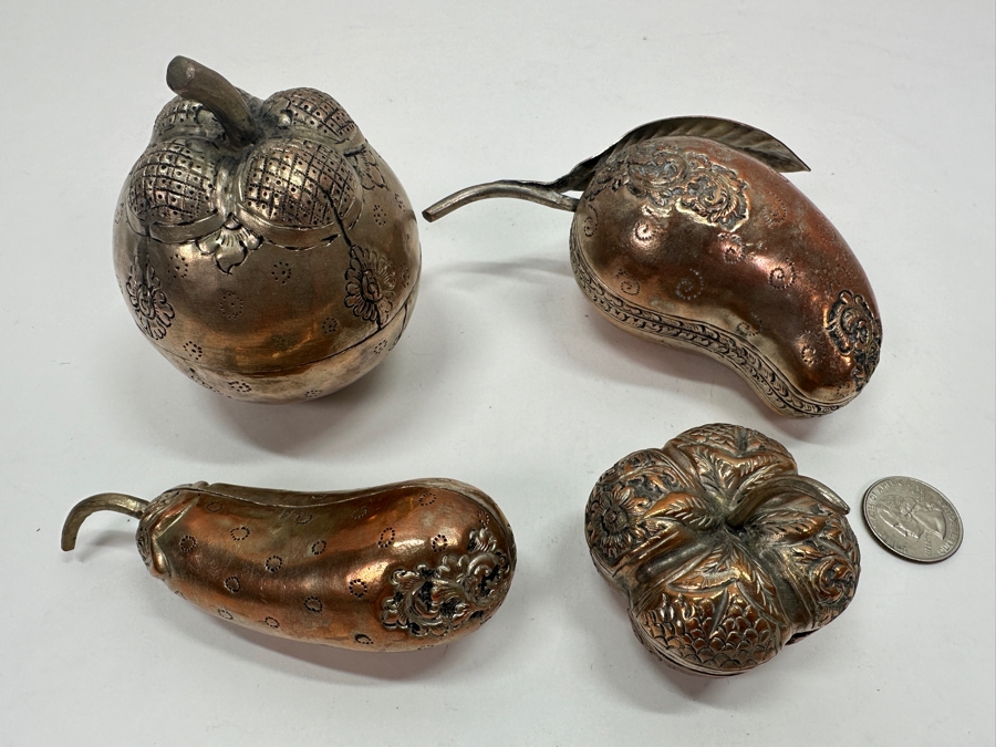 (4) Vintage .800-.900 Silver Cambodian Fruit Betel Boxes Khmer Craftmanship 343g (80% Silver - Silver Melt Value $290) [Photo 5]