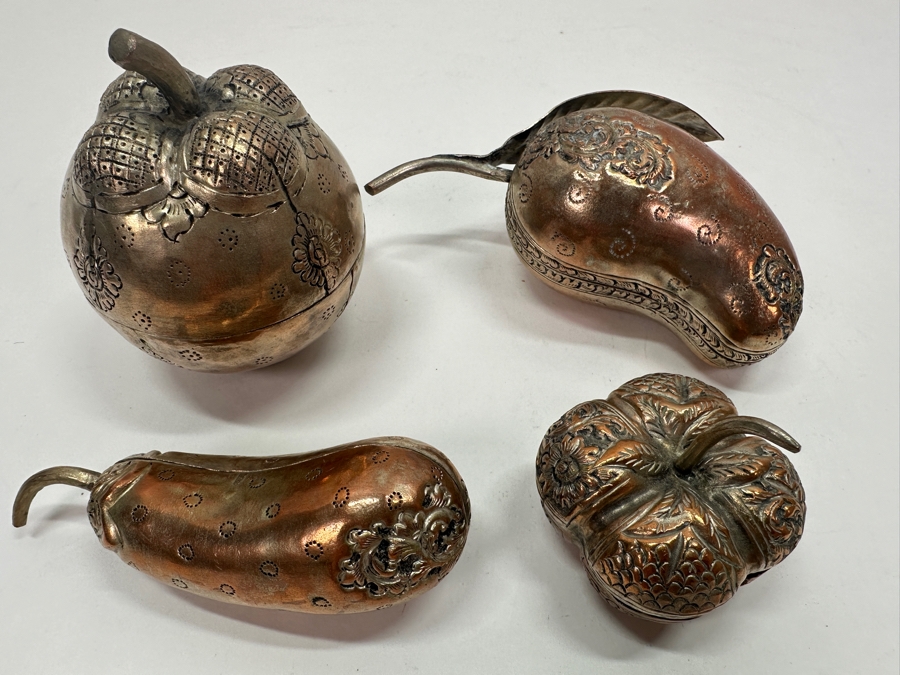(4) Vintage .800-.900 Silver Cambodian Fruit Betel Boxes Khmer Craftmanship 343g (80% Silver - Silver Melt Value $290) [Photo 4]
