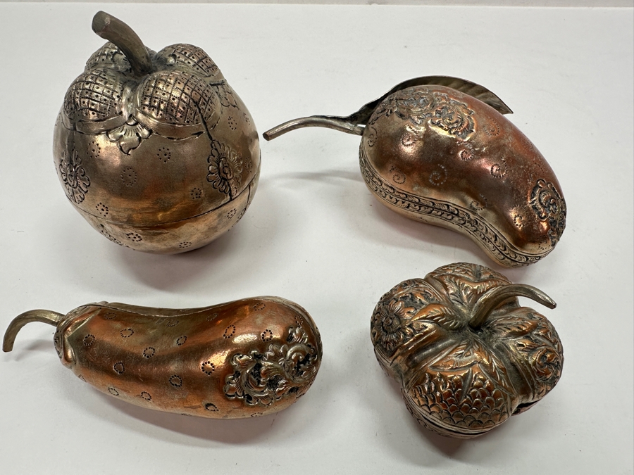 (4) Vintage .800-.900 Silver Cambodian Fruit Betel Boxes Khmer Craftmanship 343g (80% Silver - Silver Melt Value $290) [Photo 3]