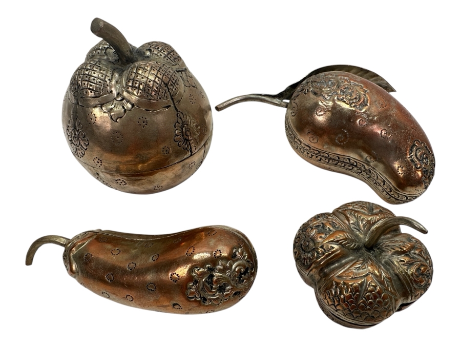 (4) Vintage .800-.900 Silver Cambodian Fruit Betel Boxes Khmer Craftmanship 343g (80% Silver - Silver Melt Value $290) [Photo 1]
