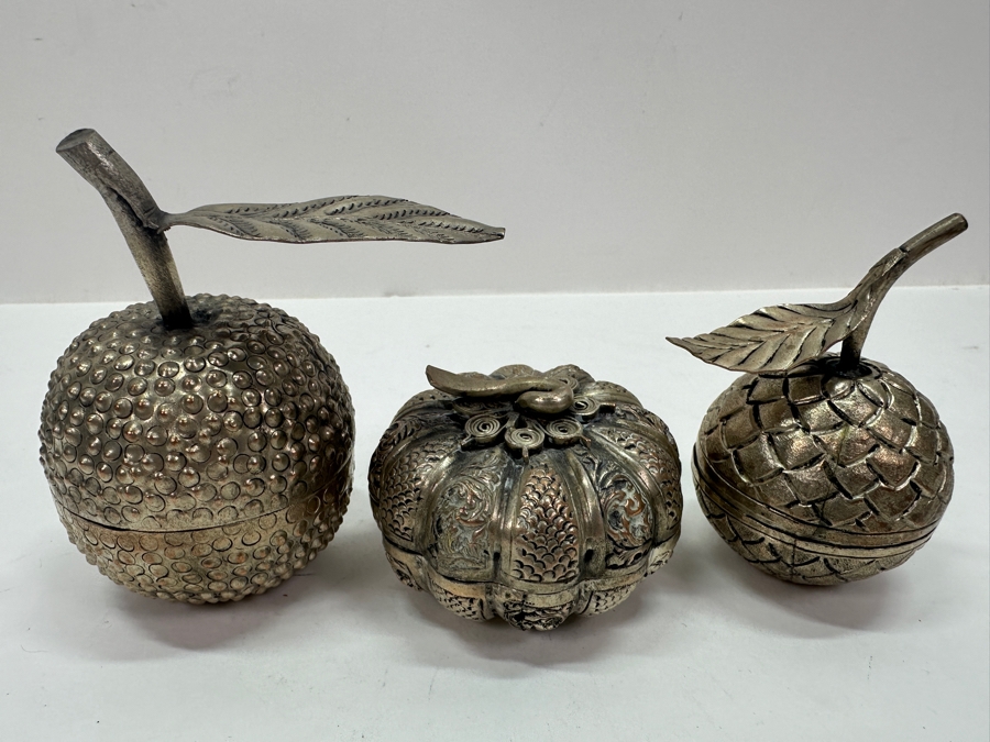 (3) Vintage .800-.900 Silver Cambodian Fruit Betel Boxes Khmer Craftmanship 276g (80% Silver - Silver Melt Value $233) [Photo 2]