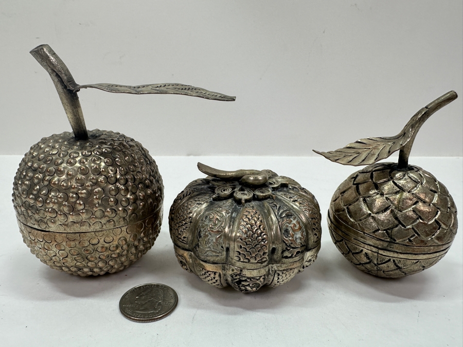 (3) Vintage .800-.900 Silver Cambodian Fruit Betel Boxes Khmer Craftmanship 276g (80% Silver - Silver Melt Value $233) [Photo 4]